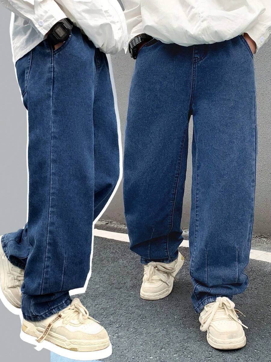 SHEIN 青少年男孩时尚休闲 Y2K 复古酷炫街头风拼接细节基础款简约舒适蓝色宽松牛仔裤，适合日常穿着、春夏锐舞节和街头服饰。 - 藍色 - 查看 1
