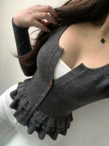 FRIFUL Women's Cardigan Hem Layered Cake Decor T-Shirt - Grey - View 3