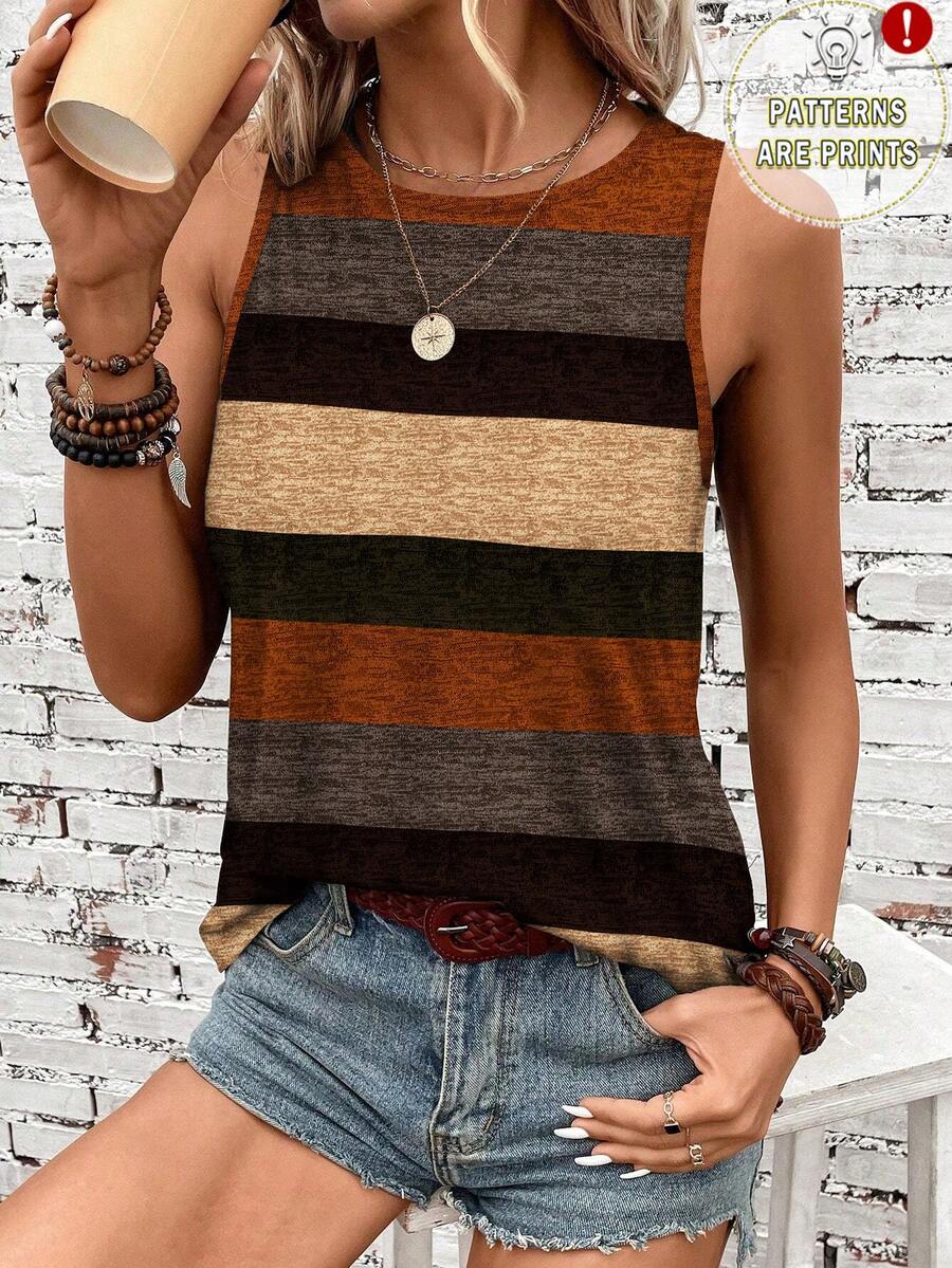 EMERY ROSE Women's Crew Neck Geometric Striped Retro Contrast Color Tank Top, Suitable For Spring/Summer Spring,Casual - Multicolor - View 1