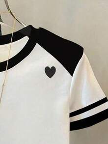 SHEIN 新款女士爱心印花宽松休闲撞色条纹圆领T恤 - 白色 - 查看 3
