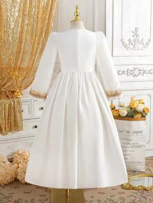 女童优雅白色V领长袖正式连衣裙，适合晚宴、宴会、婚礼、生日、学校、旅行等场合。 - 白色 - 查看 2