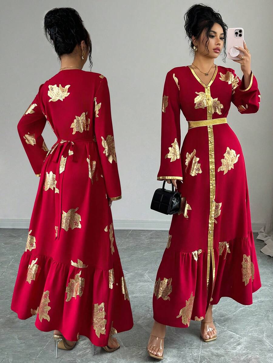 Elenzga 女士优雅时尚通勤休闲舒适迷人复古浪漫假日度假长袖V领收腰A字下摆金色花卉饰边花卉箔印连衣裙 - 紅色 - 查看 1