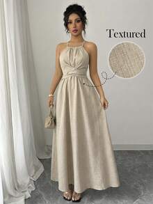 Elenzga Women's Early Spring Dual-Tone Faux Bamboo Texture Sleeveless Spaghetti Strap Waist Cinched A-Line Long Dress, Suitable For Outings And Dates - Khaki - View 1