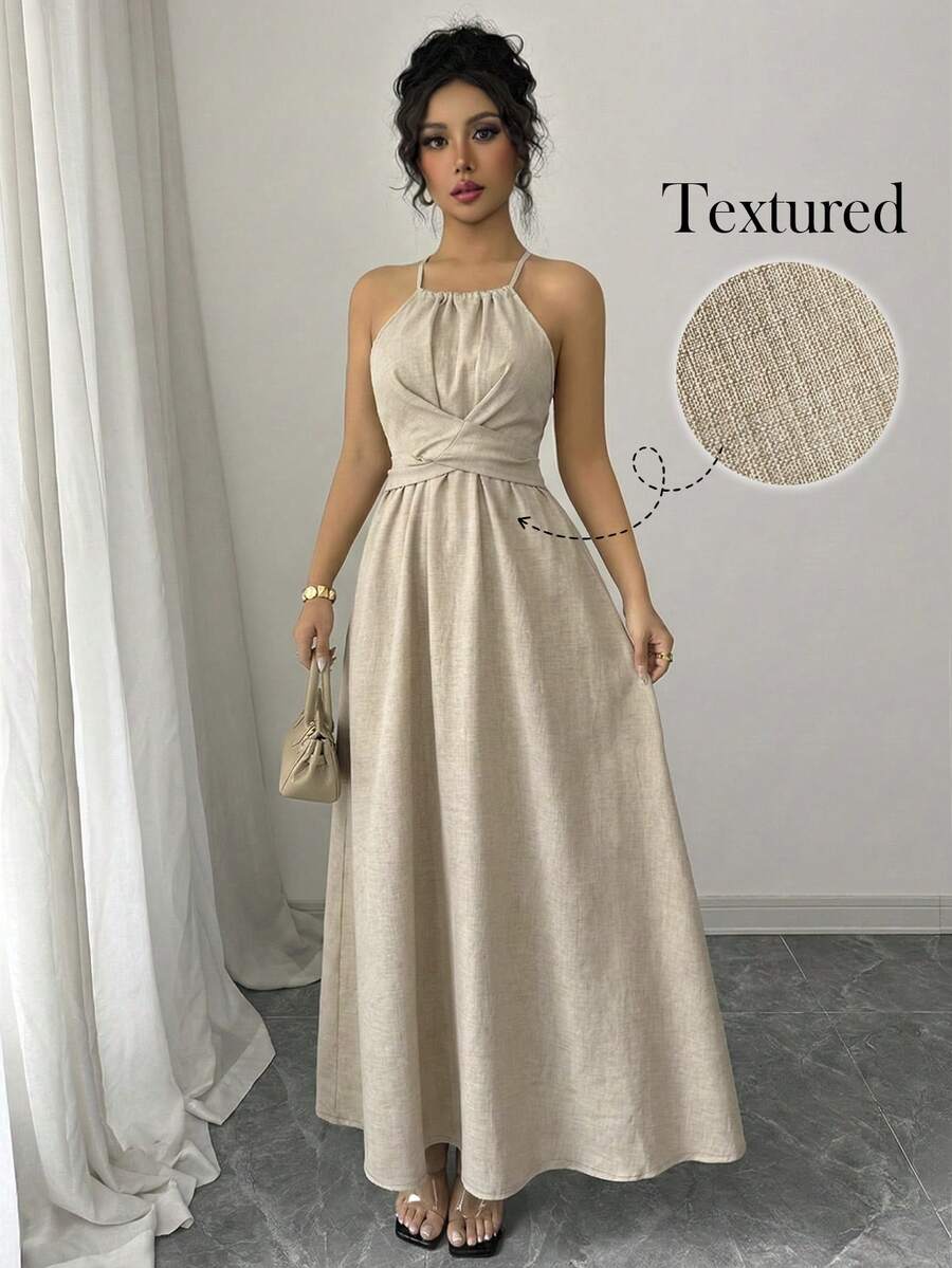 Elenzga Women's Early Spring Dual-Tone Faux Bamboo Texture Sleeveless Spaghetti Strap Waist Cinched A-Line Long Dress, Suitable For Outings And Dates - Khaki - View 1