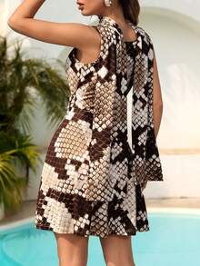 NOVVYNE 女士性感褶皱深V无袖迷你连衣裙，蛇纹印花，收腰设计 - 彩色 - 查看 2