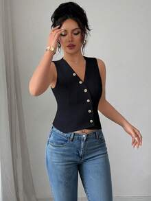 Elenzga Áo tank top nữ dáng ôm, tối giản, màu trơn, cổ chữ V xẻ sâu, cài cúc phía trước, thích hợp mặc hàng ngày đi làm; Áo tank top mùa hè cổ chữ V sâu, áo công sở, áo nữ thanh lịch, áo không tay, áo cài cúc phía trước, áo dáng ôm. - Màu xanh hải quân - Xem 4