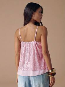 SHEIN BAE Autumn/Winter Solid Color Sexy Deep V-Neck Deep Brown Sequin Strap Women's Top, Sequin Women's Camisole, Autumn/Winter Undershirt, Party Cocktail Occasion - Baby Pink - View 2