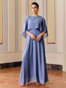 Anewsta 母亲节长款水钻装饰披肩领连衣裙，优雅适合正式场合 - 霧霾藍 - 查看 5