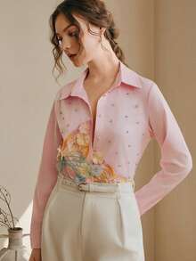 Anewsta Women's New Spring/Summer Long Sleeve Pink Embroidered Rhinestone Butterfly Elegant Luxurious Blouse, Refined Shirt - Pink - View 6