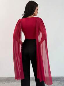 Firerie Women's Elegant Casual Minimalist Vacation Fashion Versatile Red Knit Patchwork Mesh Flowy Tie Sleeve Sleeveless Fitted Bodysuit, Spring/Summer New Ladies Bodysuit Top, Valentine's Day Date, Teacher Outfit - Red - View 4