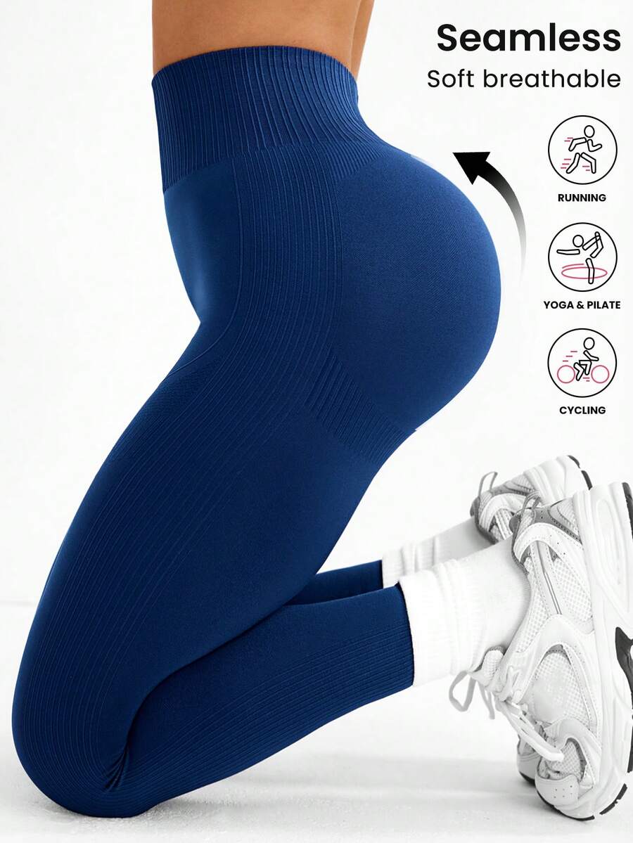 Seamluxe SHEIN Sport H1200 Marinblå sömlösa sportleggings med hög midja och elastiska ben - Marinblå - Visa 1