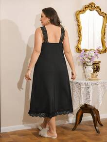 Côtesoire 大码女式黑色蝴蝶结蕾丝边柔软舒适牛奶丝针织面料吊带连衣裙，性感休闲中长睡裙 - 黑色 - 查看 2