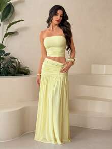 SHEIN Tall 两件套女士浪漫粉色网纱抹胸上衣和高腰褶皱网纱长裙，春夏度假装 - 黃色 - 查看 8