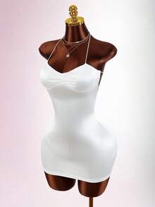 Amplova 女士纯色露背交叉吊带性感迷你连衣裙 - 白色 - 查看 3