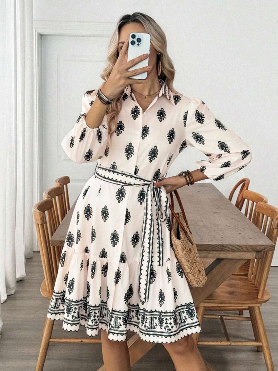 EMERY ROSE Women's Romantic Elegant Fitted Floral Print Long Sleeve Dress - Apricot - View 1