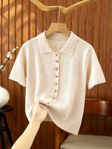 SHEIN Franclia New Summer Casual Loose Versatile Simple Daily Casual High-End Design Gentle Polo Shirt, Commuting Workplace Metal Button Office High-End Personalized Conservative Slim Fit Lady Neutral Minimalist Cardigan For Women Ribbed Shirt Preppy Tops Button Up Top Cream Blouse Tops Cute - Apricot - View 8