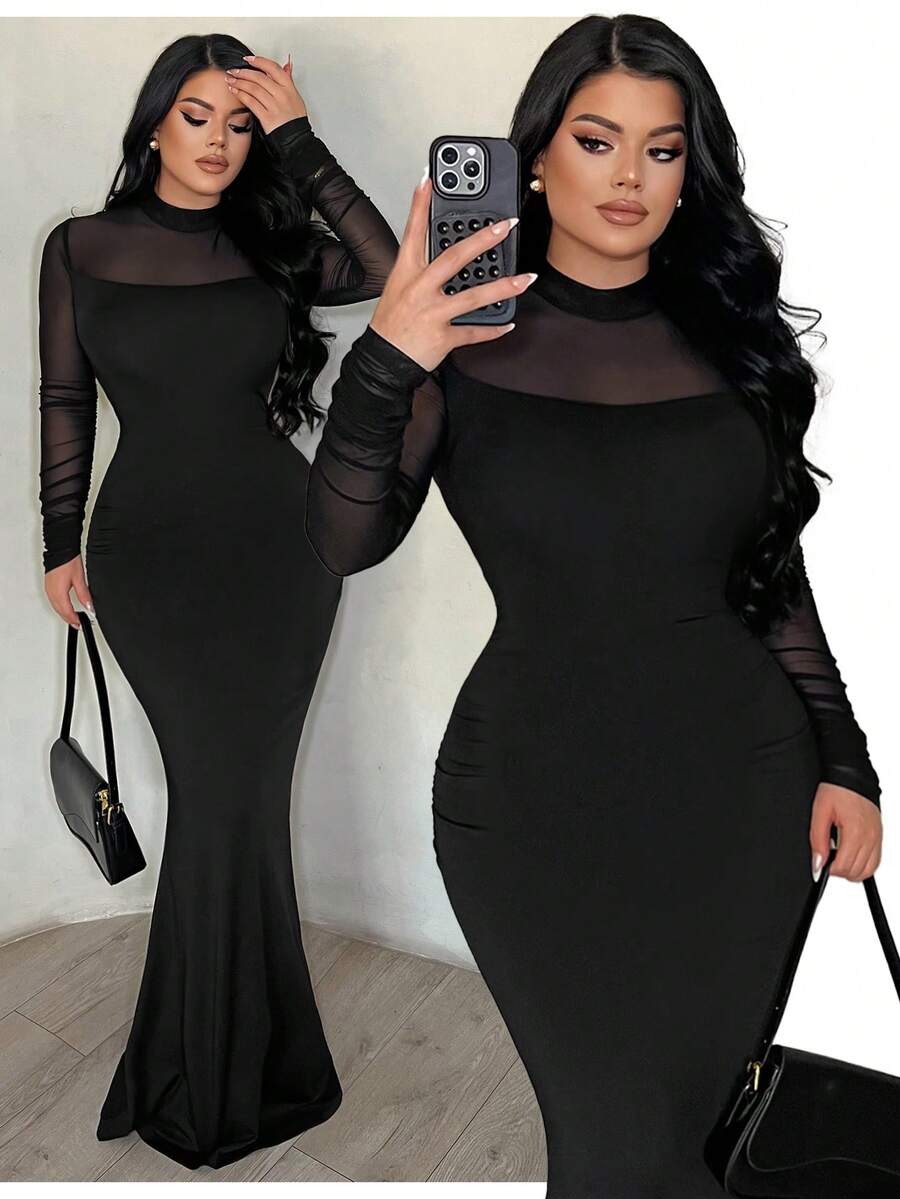 SHEIN SXY 女士时尚通勤网眼拼接修身连衣裙 - 黑色 - 查看 1