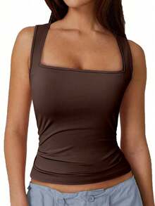 SHEIN SXY 休闲纯色方领背心，夏季百搭 - 棕色 - 查看 5