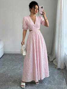 Elenzga 女士粉色花卉提花纹理V领腰部系带露背开衩连衣裙，修身显瘦的A字裙摆设计，适合生日、约会、派对、情人节、五一劳动节、复活节、正式场合、花园、旅行、休闲街头风、春夏穿着。 - 粉色 - 查看 6