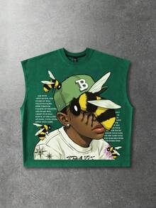 ROMWE MEN 男士标语卡通人物印花宽松休闲背心