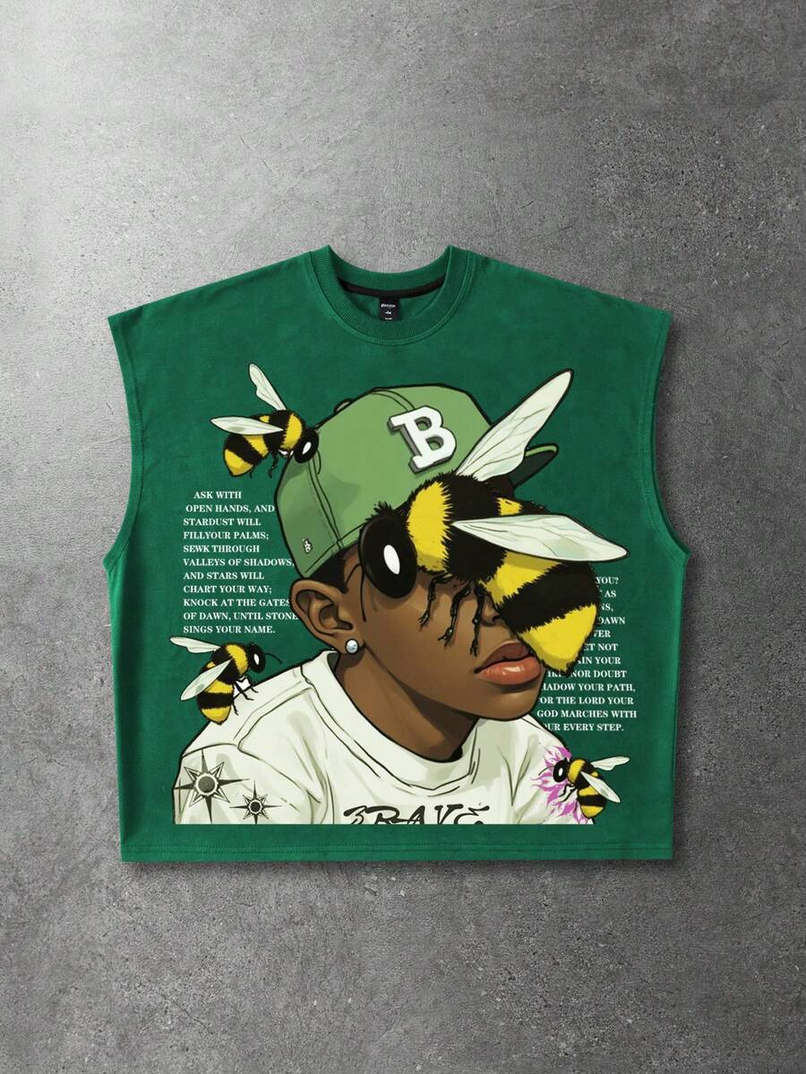 ROMWE MEN 男士标语卡通人物印花宽松休闲背心