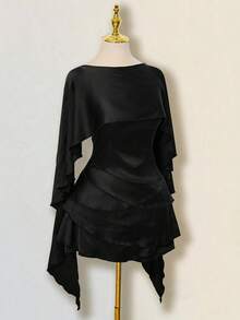 SHEIN ICON 女士缎面露背荷叶边修身迷你连衣裙，配腰带 - 黑色 - 查看 8