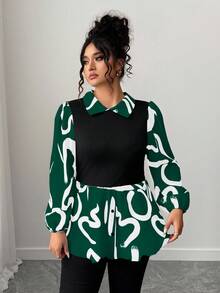Elenzga Camisa Plus Size Casual para Uso Diário com Mangas Lanterna - Verde - Ver 3