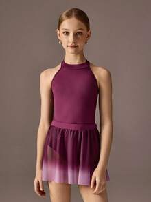 Tween Girls Activewear Elegant Ballet Practice Set Includes A Leotard And A Matching Skirt. Made From High-Stretch, Soft Fabric, It Offers A Comfortable, Flattering Fit That Moves With The Dancer Perfect For Ballet Training, Pilates, Or Gym Workouts, This Two Pieces Set Provides Both Style And Freedom Of Movement For Various Activities Across All Seasons. - Hot Pink - View 6