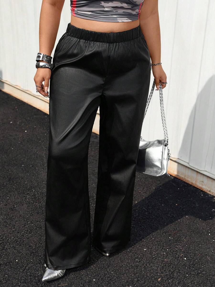 Jeanoix Pantalones anchos de cintura elástica con revestimiento de PU de moda casual Y2K para mujer de talla grande - Negro - Ver 1