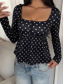 CovetEZ Women's Casual Polka Dot Ruffle Trim Square Neck Long Sleeve T-Shirt Cute Long Sleeve Top Peplum Top Women Sexy Blouse For Women Square Neck Blouse Pokadot Top - Black - View 5