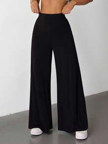SHEIN PETITE Women's High Elastic Wide Leg Black Trousers High Waist Pants Wide Leg Pants Wide Leg Pant Palazzo Pants Women Black Palazzo Pants Black Flare Pants Black Wide Leg Pants Women Wide Leg Pants - Black - View 6