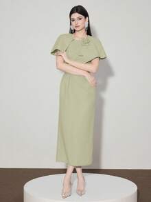 Modelyn 女士优雅中长连衣裙，饰有3D立体花卉纹理 - 淡綠 - 查看 7