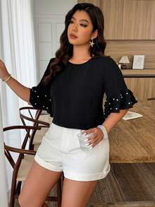 SHEIN LUNE Plus Size Women's Round Neck Ruffle Sleeve Beaded Casual Blouse, Spring/Summer - Black - View 6