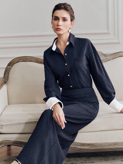 Anewsta Casual Contrast Stripe Cuff Shirt + High Waist A-Line Striped Skirt Women 2 Pieces Set, Suitable For Work And Commute