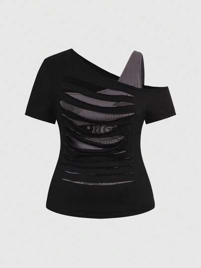 ROMWE Grunge Punk Camiseta ajustada de talla grande con diseño desgarrado y borde desgastado en estilo punk oscuro 2 en 1