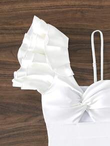 SHEIN Swim 前扭結荷葉邊連體泳衣 - 白色 - 查看 4