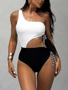 Swim SXY New Women One-Piece Swimsuit, Black & White Patchwork Halter Tie-Up Swimwear - Black and White - View 1