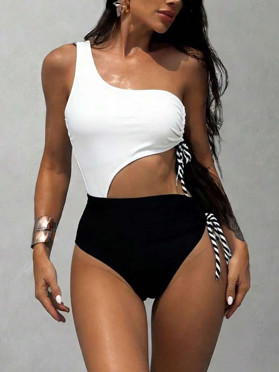 Swim SXY New Women One-Piece Swimsuit, Black & White Patchwork Halter Tie-Up Swimwear - Black and White - View 1