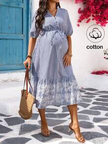 SHEIN Maternity Striped V-Neck Lantern Sleeve Ruffle Hem Fashionable Dress For Vacation, Summer Holiday Outfits , Summer Outfits - Blue - View 6