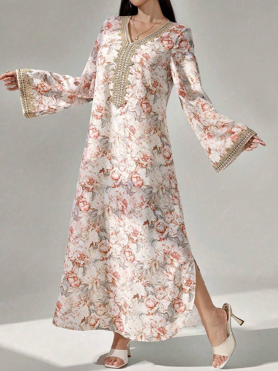 Al Najma 女士花卉印花钩编拼接长袖连衣裙，优雅端庄的A字型卡夫坦长袍，适合晚宴/婚礼宾客/周年纪念/日常穿着 - 彩色 - 查看 1