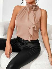 Rafferiza Women's Halter Neck Shirt With 3d Flower Decoration For New Year Clothes - Khaki - View 5