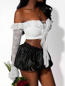 Amplova 女士花卉蕾丝拼接荷叶边露肩系带设计短款时尚上衣，适合度假、Y2K 和情人节穿着 - 白色 - 查看 2