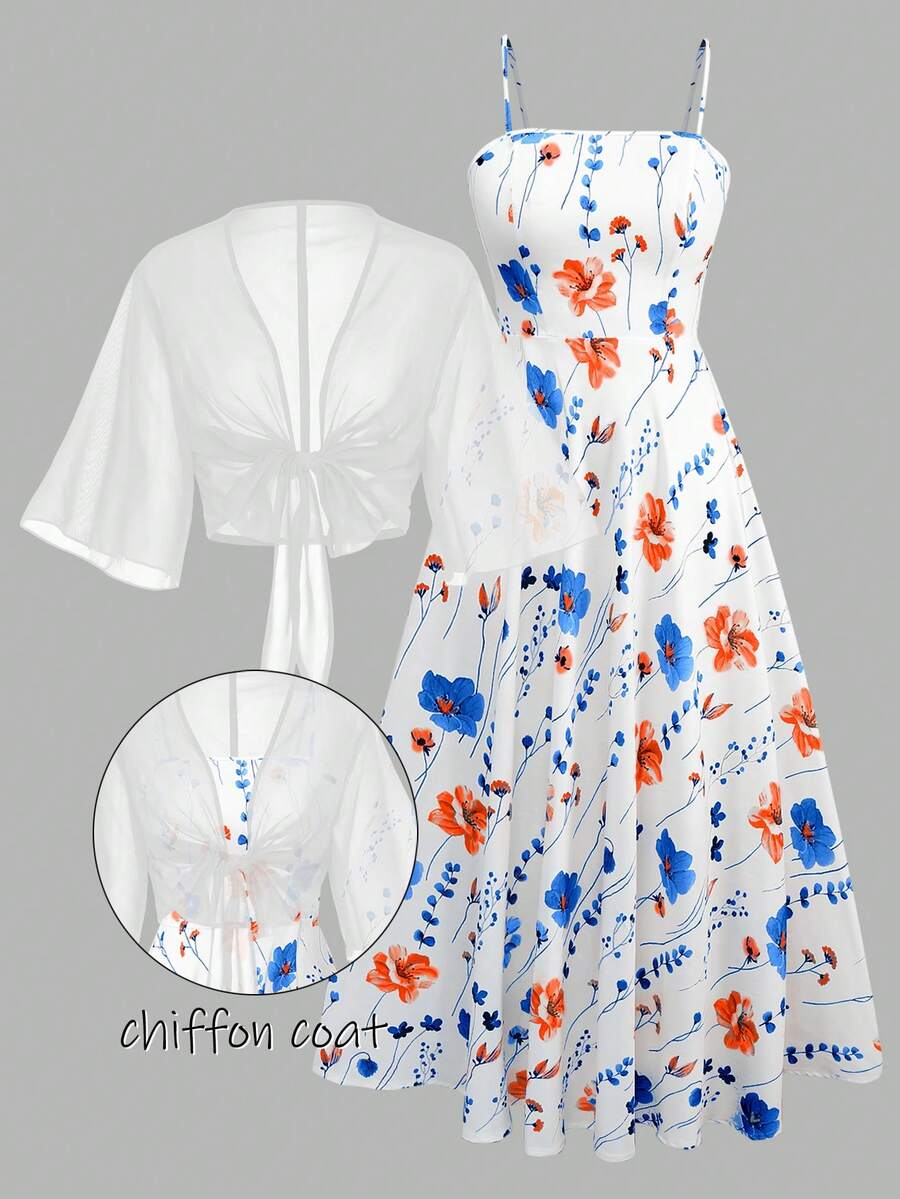 Franclia 大码女式碎花雪纺连衣裙搭配优雅开衫套装，夏季带袖连衣裙，夏季半身裙套装，茶会礼服，曲线身材 - 彩色 - 查看 1