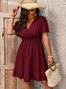 EMERY ROSE Plus Size Casual Burgundy V Neck Wrap A Line Dress With Flounce Sleeves And Hem Knee Length Perfect For Summer Vacations - Burgundy - View 3