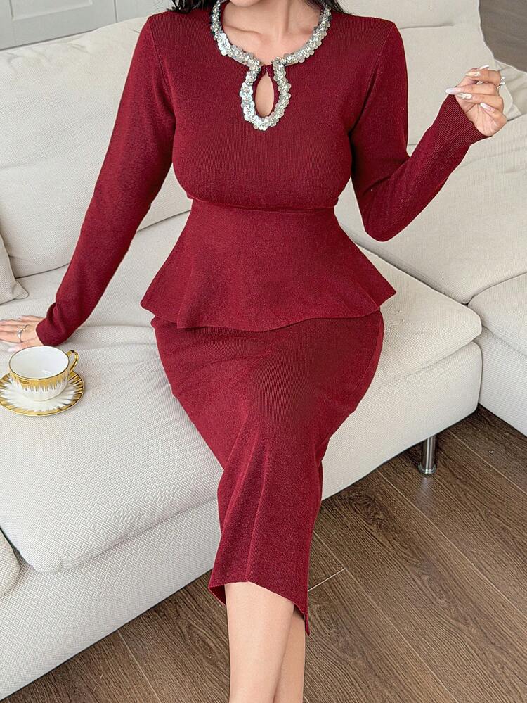 Elegant Lady's High-End Refined Elegant Outfit: Long Sleeve Ruffle Hem Blouse And Pencil Skirt 2 Pieces Set