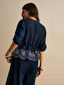 Poéselle Women's Floral Embroidery Front Tie Lantern Sleeve Fashionable Denim Blouse - Dark Wash - View 2