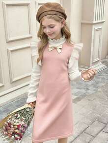 SHEIN 少女杏色和粉色提花蝴蝶结露肩长袖毛衣连衣裙，适合返校节、优雅场合、正式场合、秋季穿着，适合秋冬季节。 - 粉色 - 查看 7