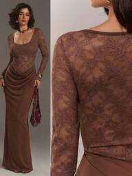 Aloruh שמלת תחרה רומנטית סקסית עם טלאים, שרוולים ארוכים, צווארון עמוק ושסע גבוה לנשים, חום