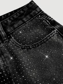 SHEIN PETITE Women's Jeans BlingBling Diamond Embellished Low-Rise Wide-Leg Pants Y2K Music Festival - Black - View 3