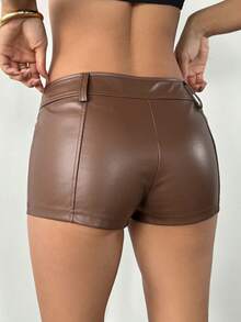 SHEIN PETITE Quần short nữ màu trơn, khóa kéo phía trước, kiểu dáng thường ngày, quần short siêu ngắn màu nâu. - Màu nâu  Mocha - Xem 2